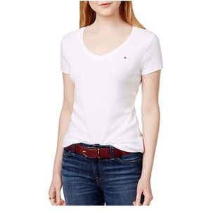 🆕 NWOT Tommy Hilfiger Womens Short Sleeve V-Neck T-Shirt Size Medium, White